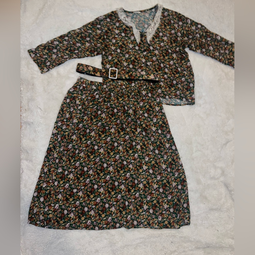 Floral Long Sleeve Blouse & Matching Skirt with Belt